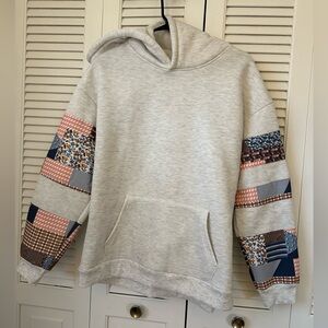 Gray Hoodie with Patchwork Detail Sleeves